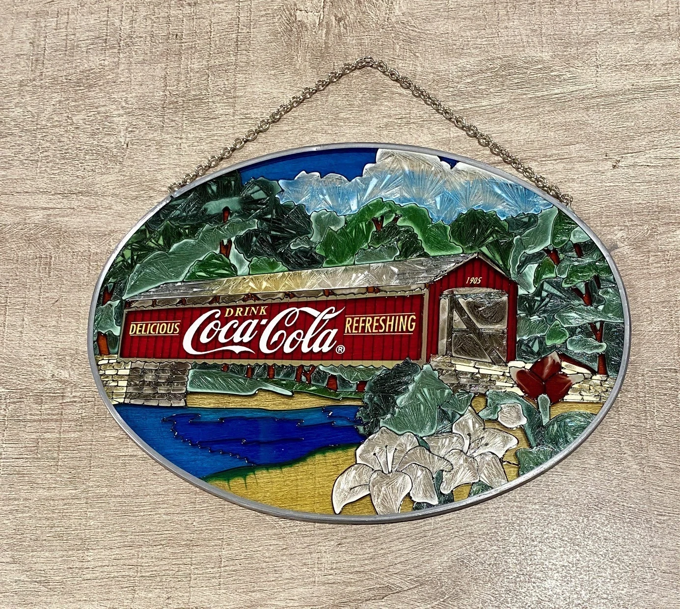 Coca-Cola covered bridge stained-glass hanging sign