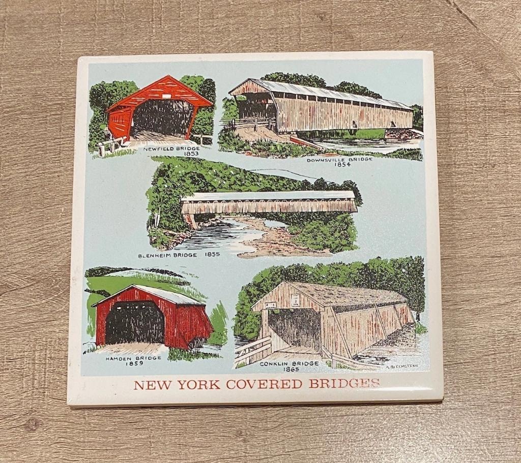 New York Covered Bridges decorative tile — Newfield, Downsville, Blenheim, Hamden, and Conklin Bridges