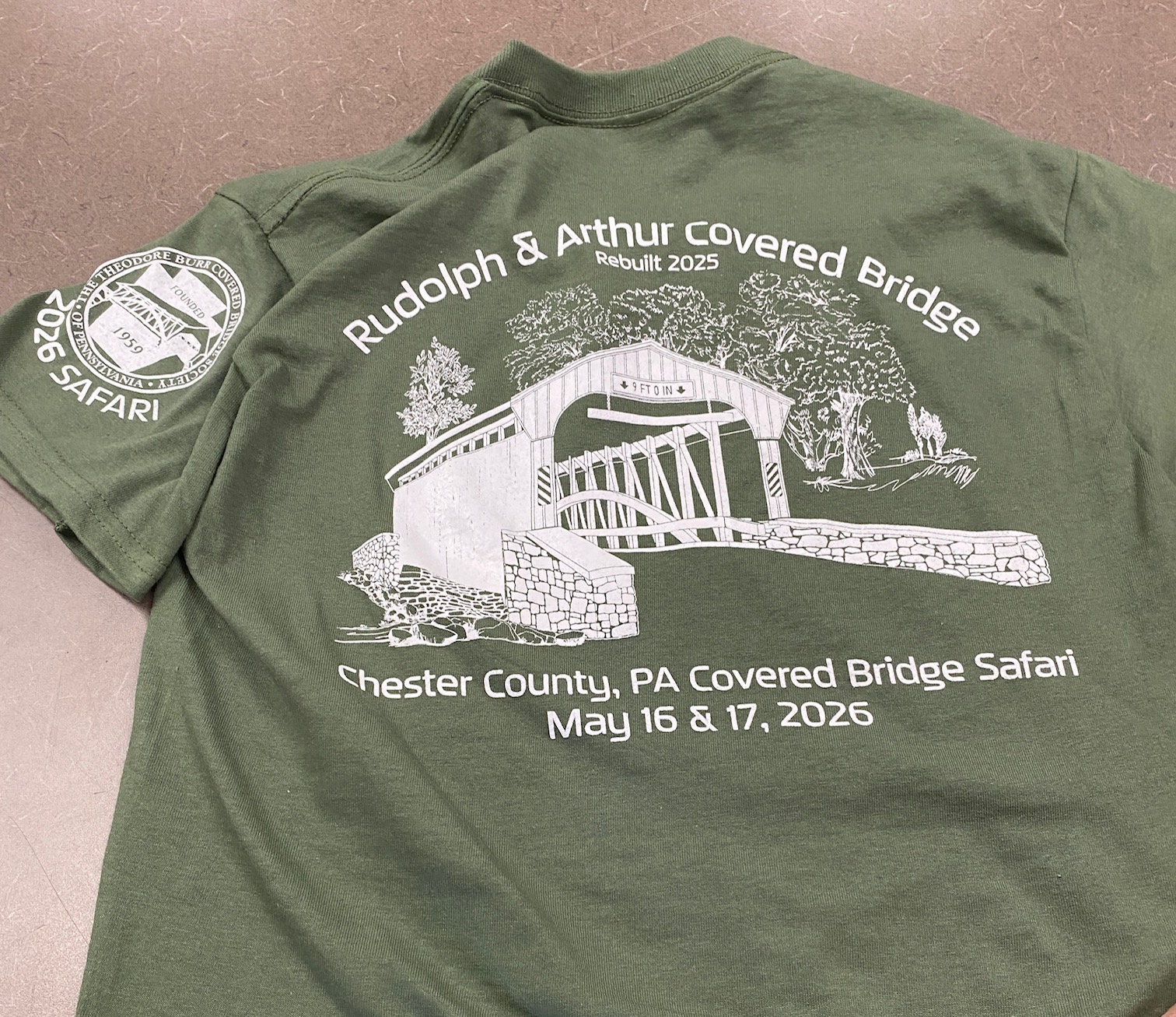 2026 Safari shirt — Rudolph & Arthur Covered Bridge, Chester County, PA Covered Bridge Safari, May 16 & 17, 2026