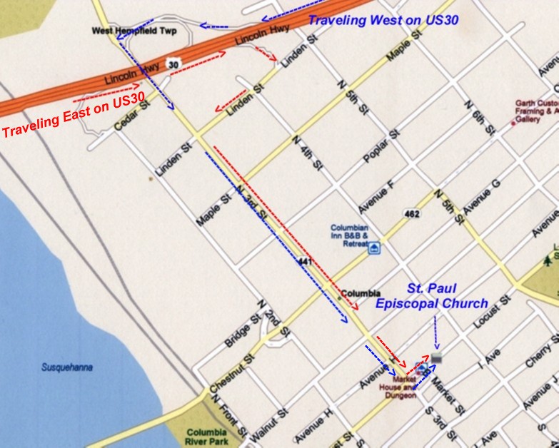 Map to St. Paul Episcopal Church, Columbia PA